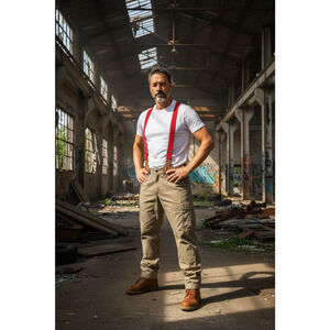 Duluth Trading Co Fire Hose Relax Fit Mens 42x28 Khaki Cargo Pants w Suspenders